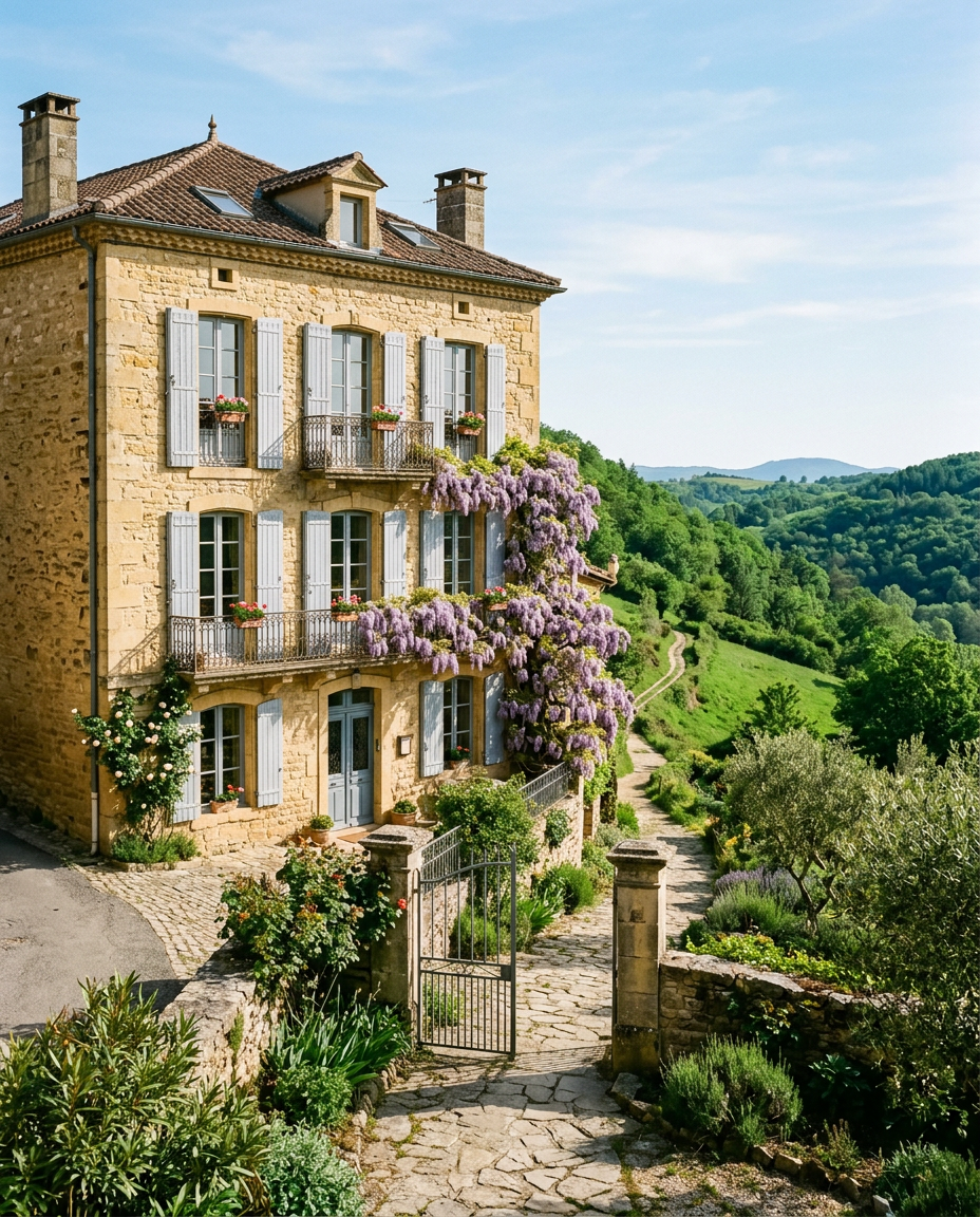 Image générée d'un hôtel en pierre aux volets bleus, avec un portail d'où part un sentier qui grimpe dans les collines