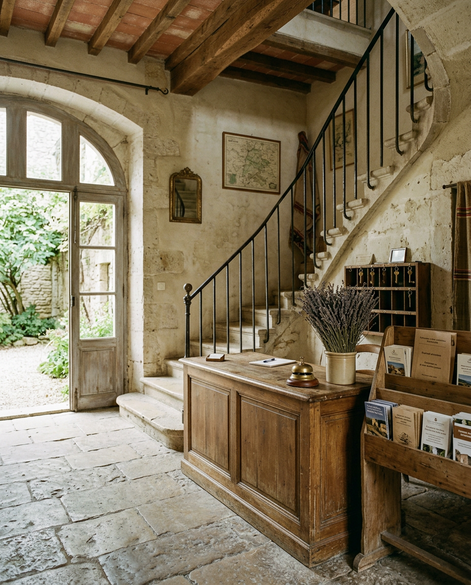 Image générée d'une réception d'hôtel avec un bureau en bois, une cloche, de la lavande séchée et un présentoir de dépliants papier