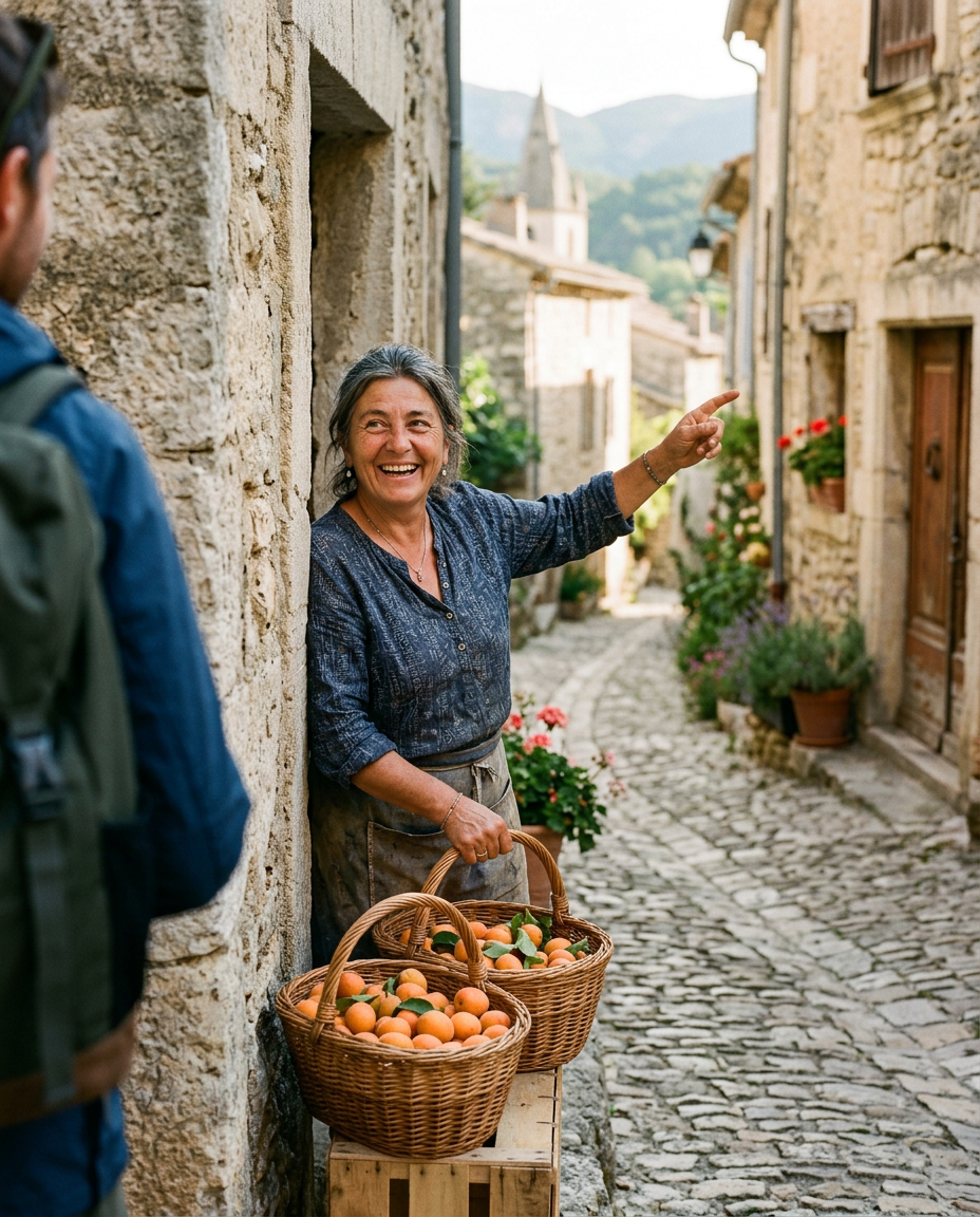 Image générée d’une habitante dans une ruelle de village en pierre qui indique le chemin à un voyageur
