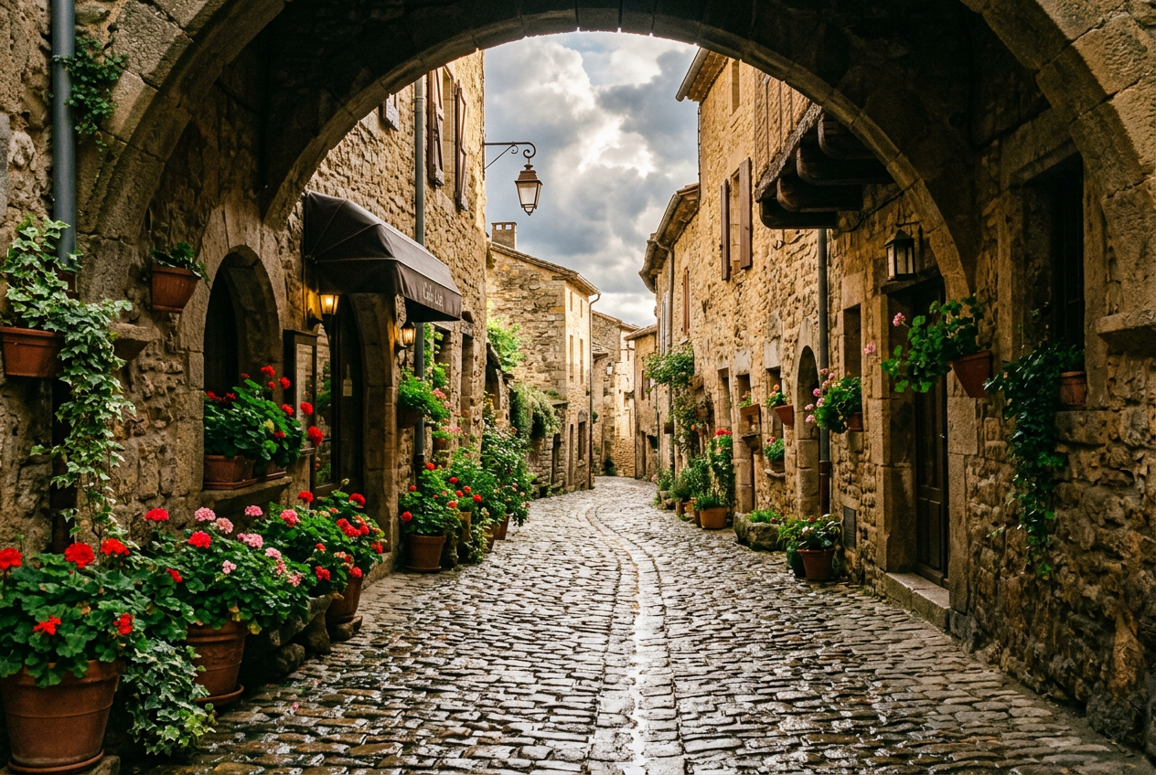 Image générée d’une ruelle pavée mouillée sous une arche de pierre après la pluie