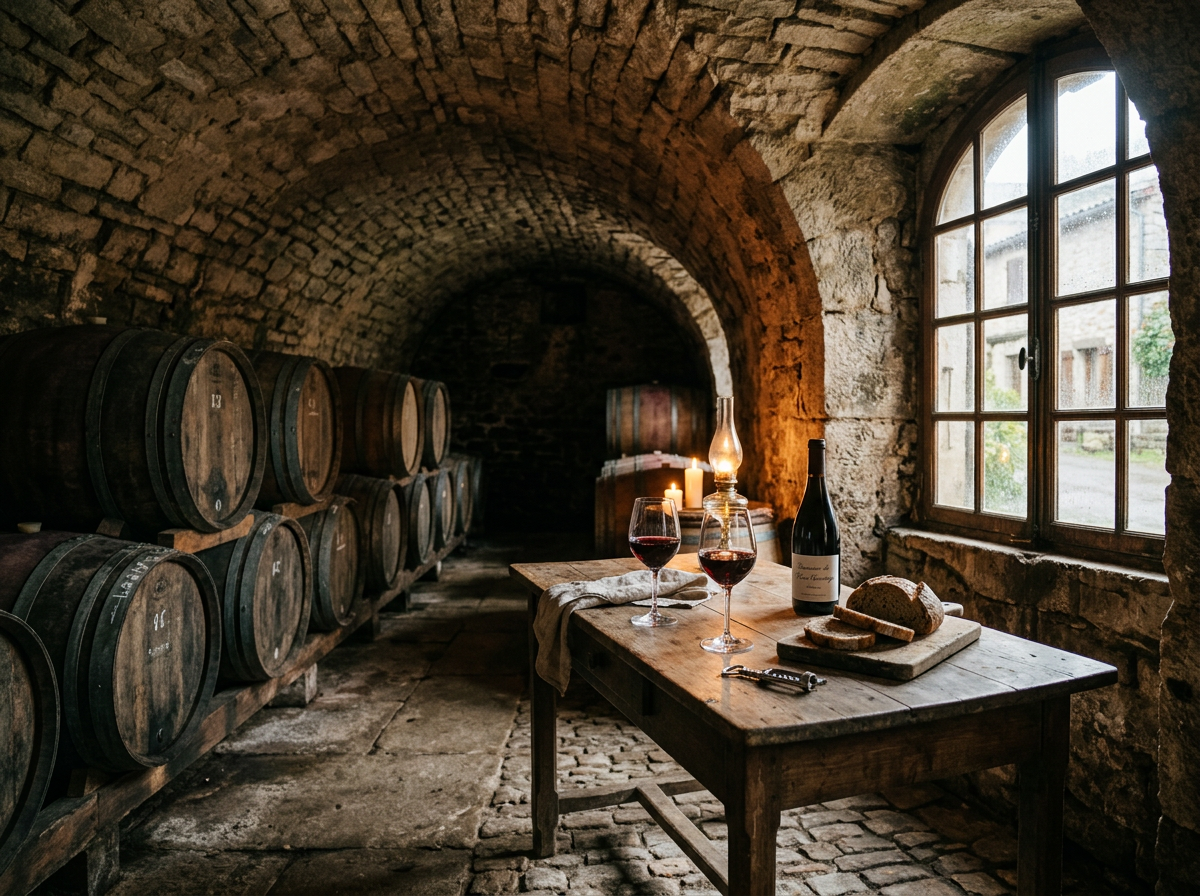 Generated image of a vaulted stone cellar with oak barrels and a small tasting table
