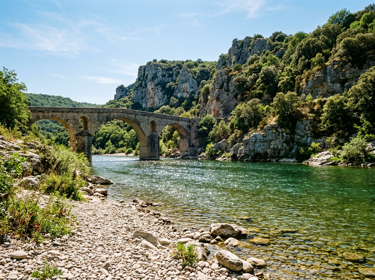 Generated image of a green river under an old stone arch bridge