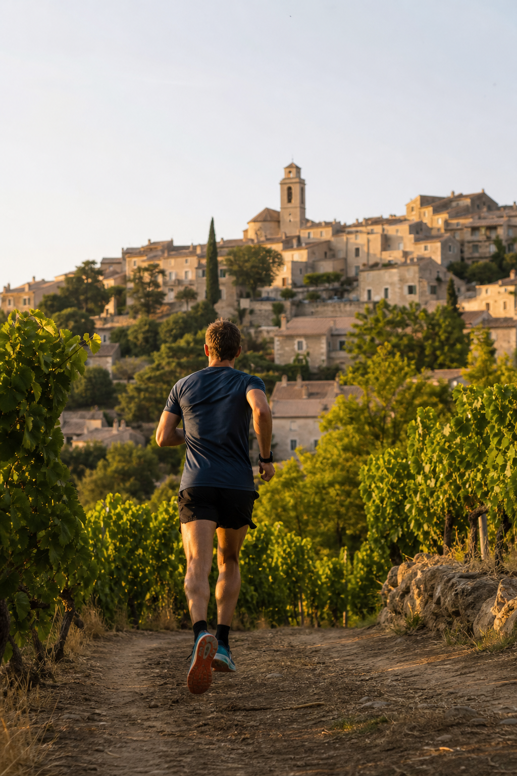 Image générée d’un coureur à pied qui s’élance sur un chemin de terre entre les vignes, avec un village de pierre en arrière-plan
