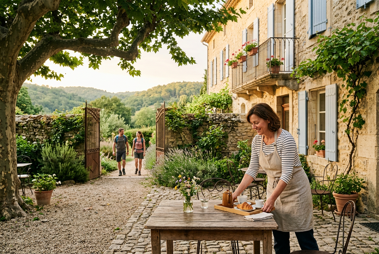 Image générée d’un hôtelier qui dresse la table du petit-déjeuner pendant que deux voyageurs sortent par le portail du jardin