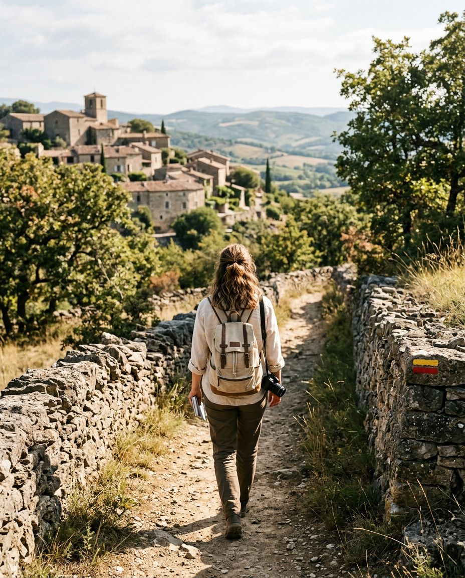 Image générée d’un voyageur au petit sac à dos sur un chemin de pierres sèches qui sort d’un village de colline